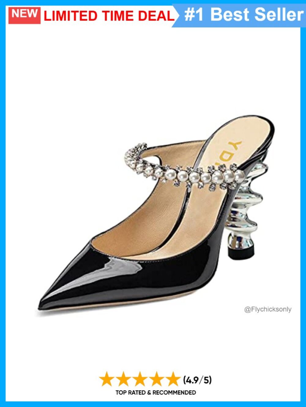 Metallic Spiral Heel Pointed Toe Slip On Sandals Rhinestone Strap Mules